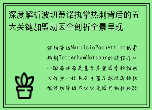 深度解析波切蒂诺执掌热刺背后的五大关键加盟动因全剖析全景呈现