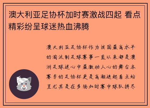 澳大利亚足协杯加时赛激战四起 看点精彩纷呈球迷热血沸腾